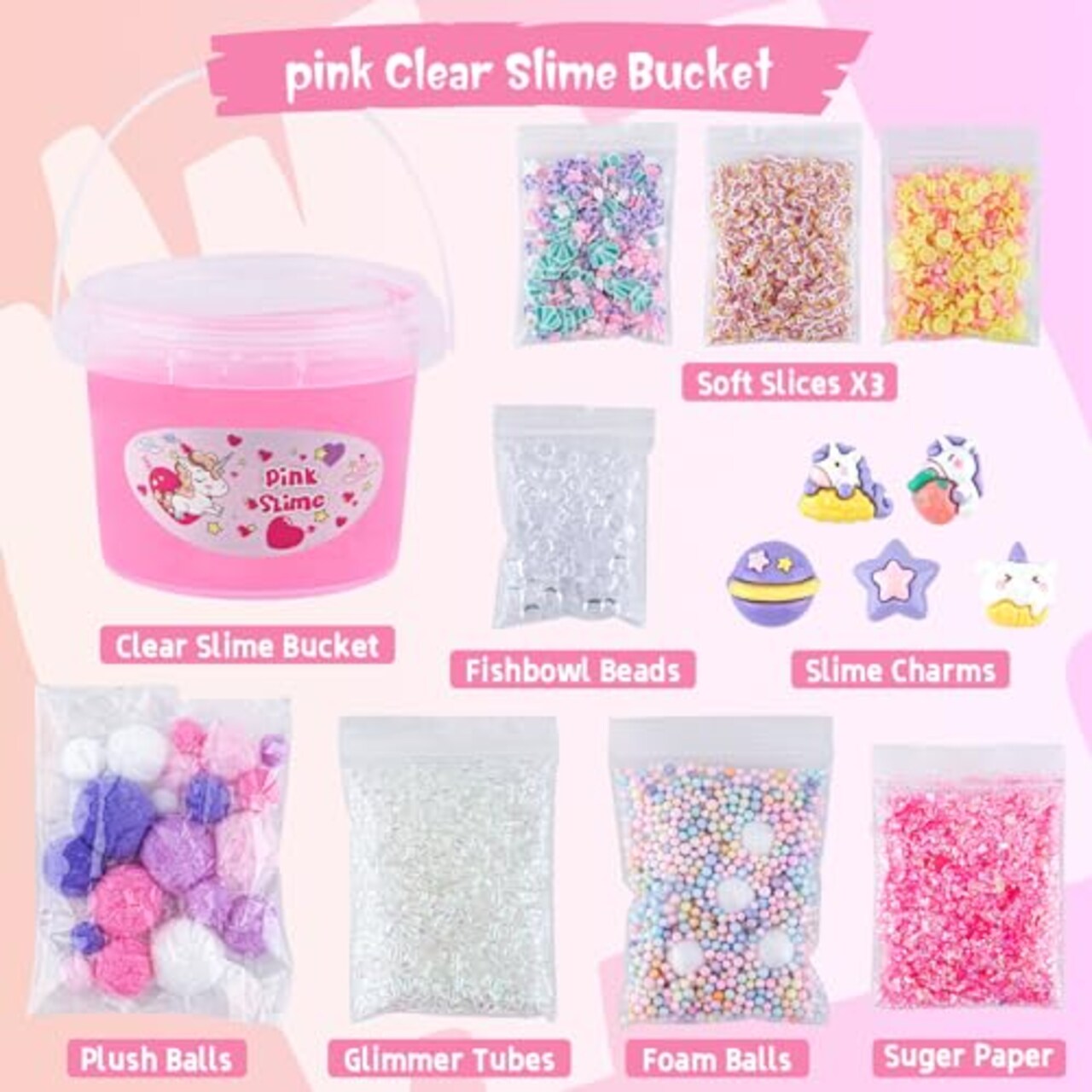 Pink Clear Slime Bucket, Slime Party Favors for Kids, Glimmer Crunchy Slime Includes 9 Packs of Slime Add-ins, Stress Relief Slime Kit for Girls and Boys Ages 8-12